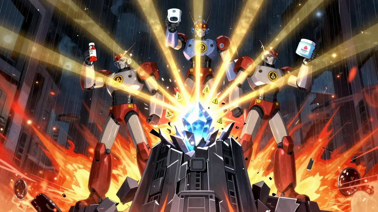 Three MedWatch robots unite to transform dangerous product data into warning symbols, radiating light against a stormy sky.