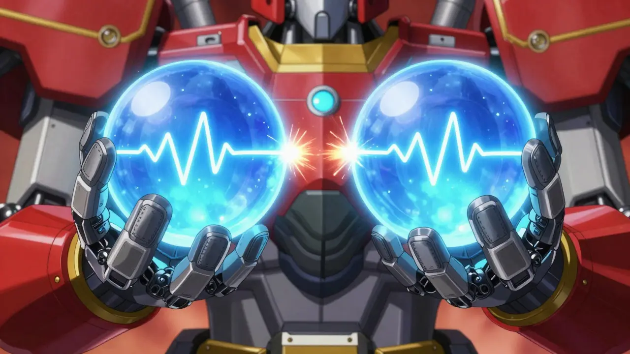 Two mechanical hands holding identical glowing energy spheres for comparison.