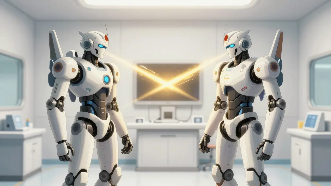 Two robotic figures exchanging light beams in a high-tech medical consultation room.