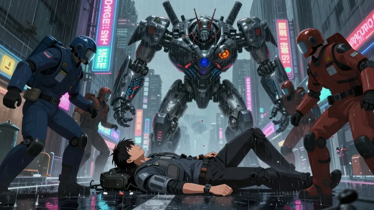 Young man collapses as his shadow becomes a yohimbe robot monster, emergency responders rush nearby.