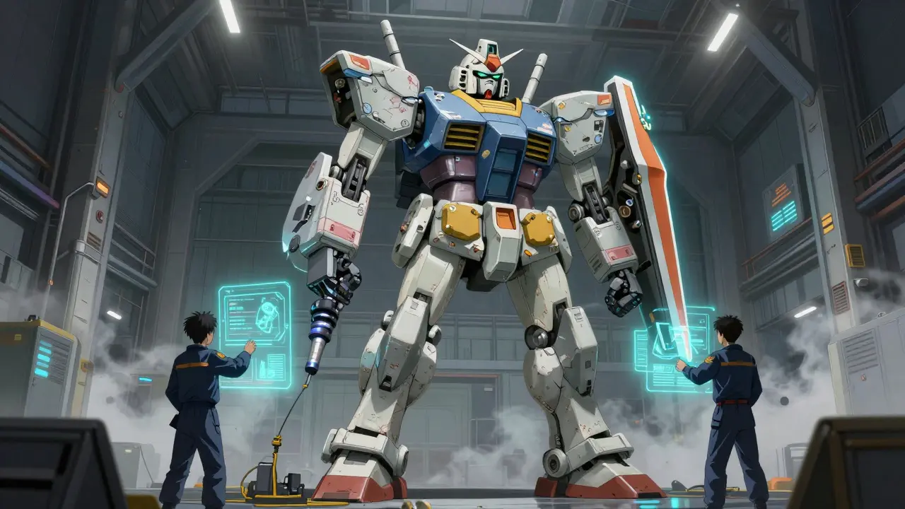 A large robot being repaired in a futuristic hangar with holographic balance modules.