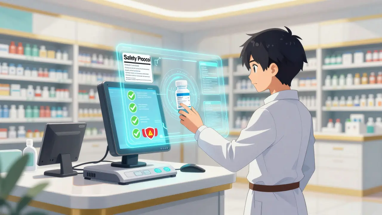 A person using a holographic tactical scanner to check a medicine bottle's safety.