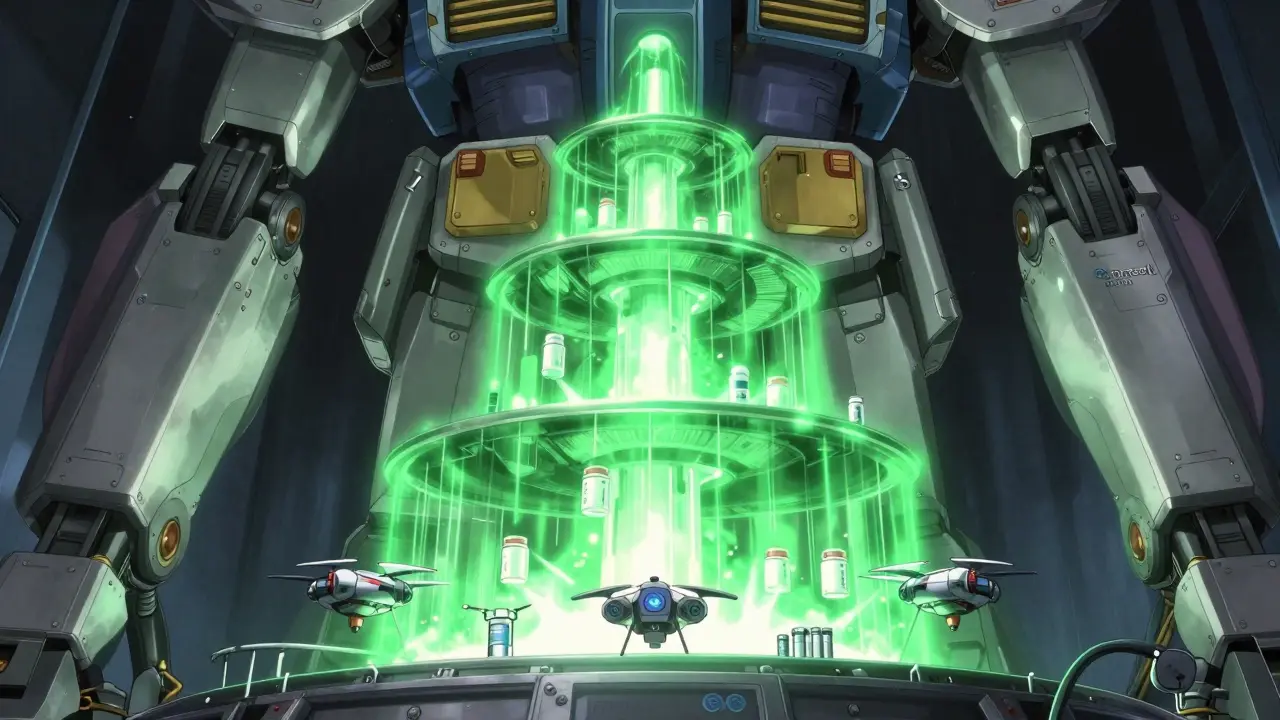 A three-tiered energy tower representing the VA medication cost structure in a mecha style