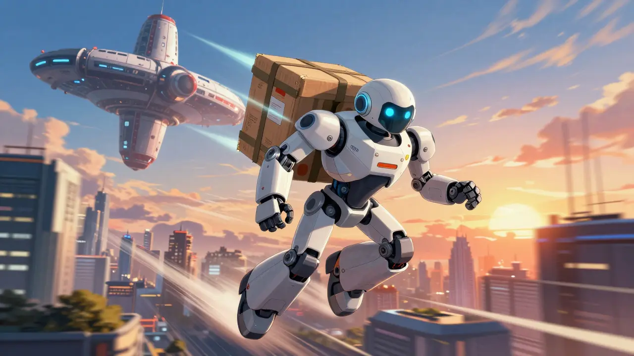 Agile delivery robot flying through a futuristic city carrying a medical package
