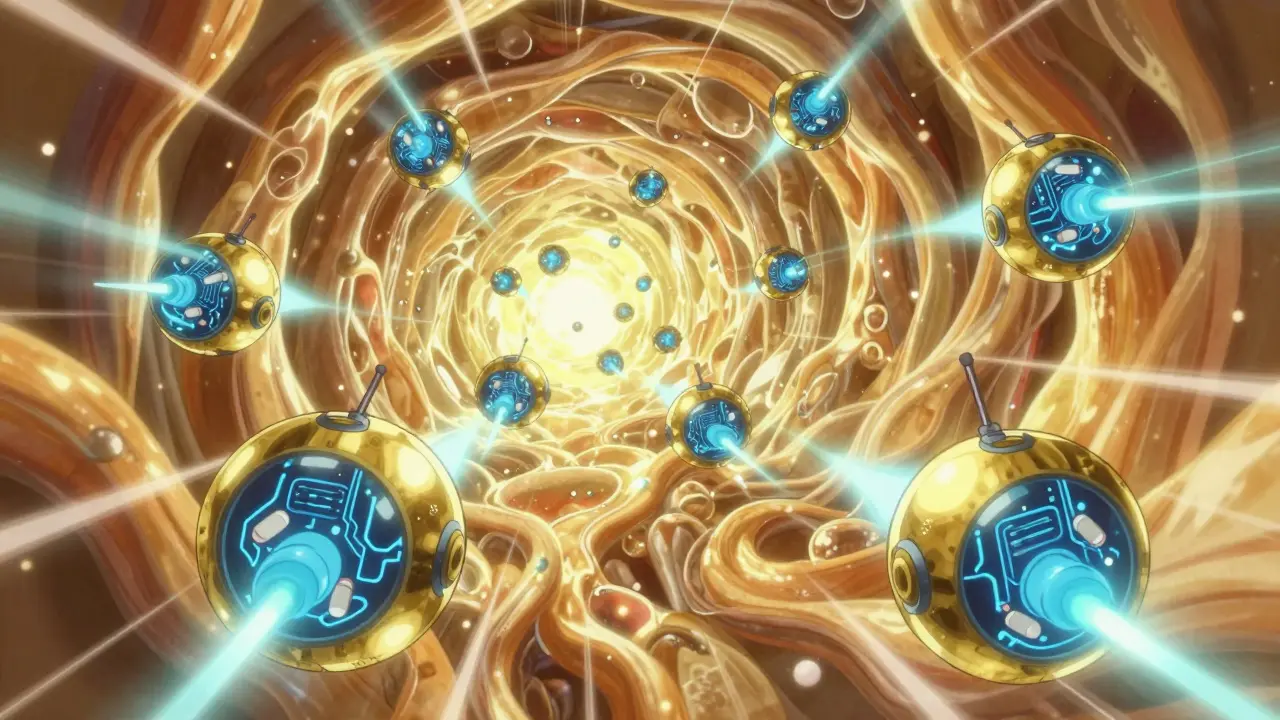 Fleet of tiny golden robotic spheres navigating a glowing amber fluid tunnel