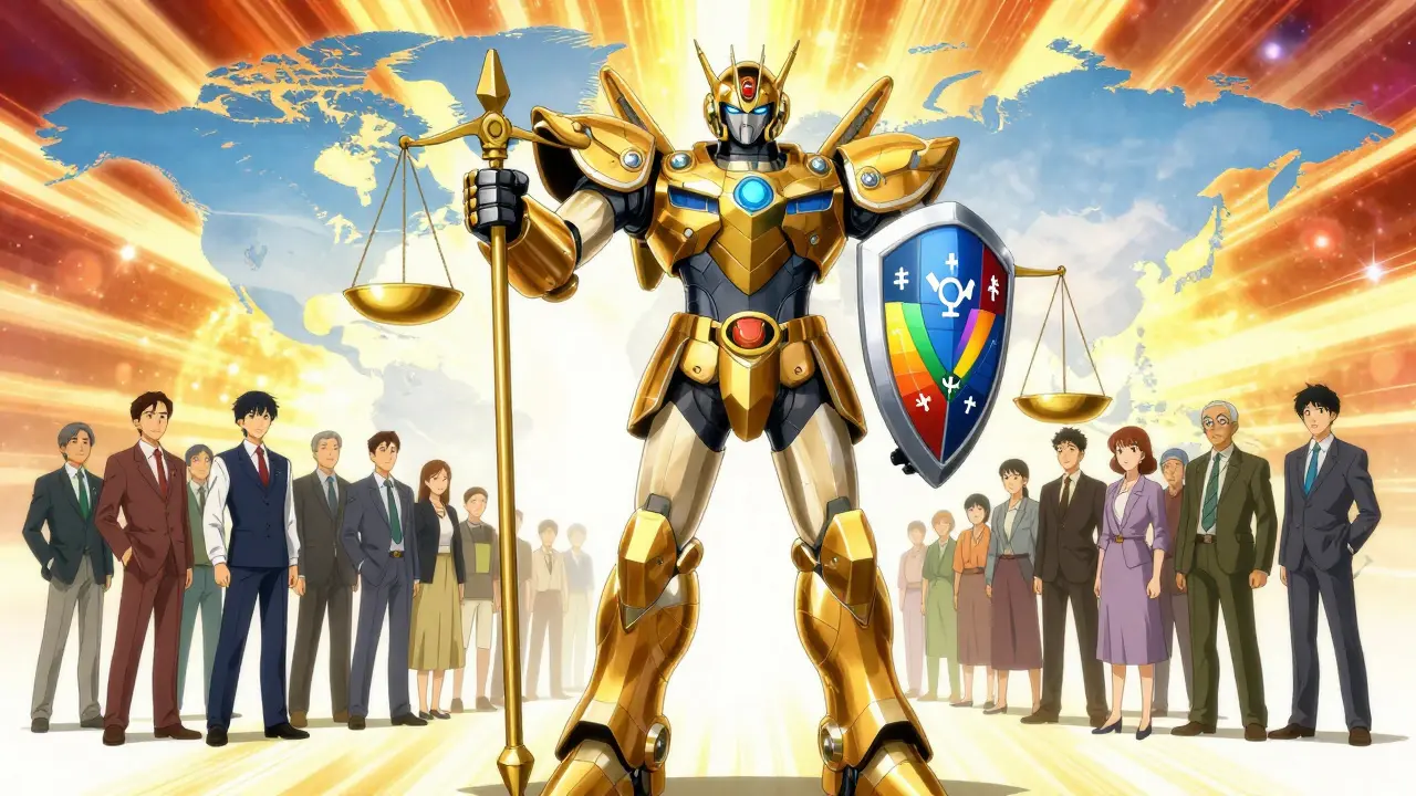 Futuristic guardian robot protecting global patient demographics.