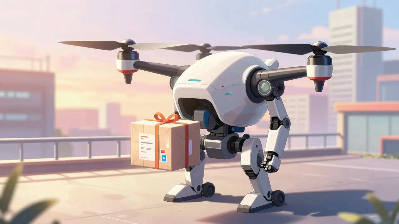 Futuristic mecha drone delivering a secure medical package at sunrise