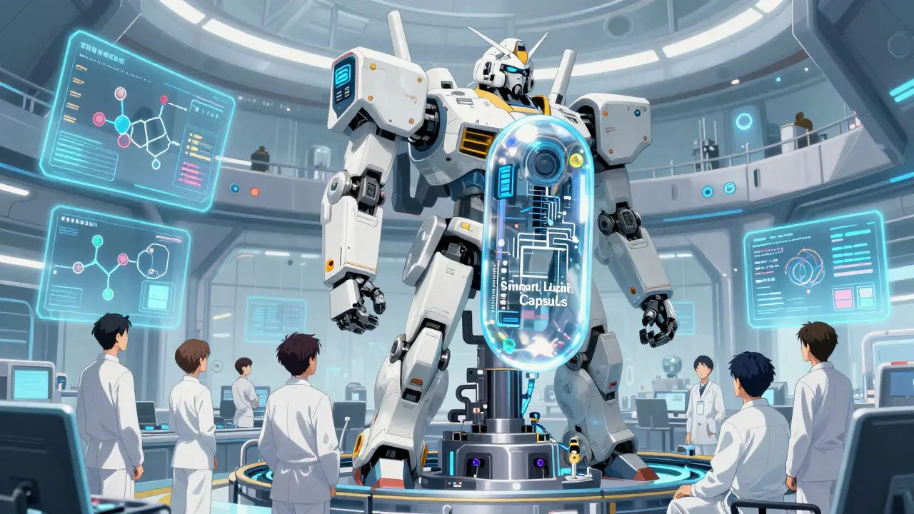 Futuristic robotic assembly line creating a high-tech smart lipid capsule