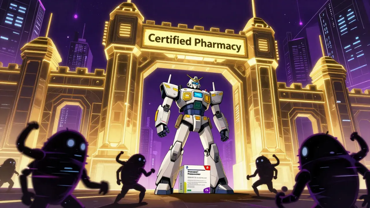 Heroic robot guarding a secure pharmacy against glitchy counterfeit monsters