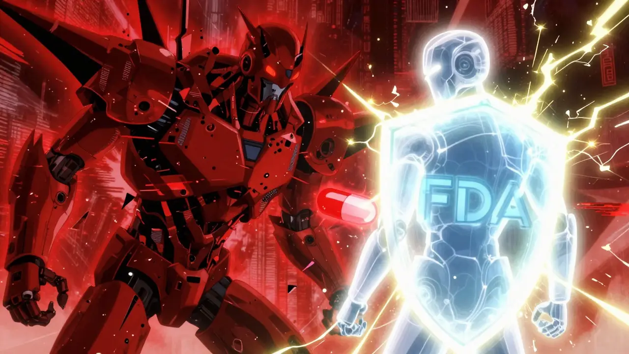 Heroic robot using an energy shield to block a menacing dark robot offering illegal pills