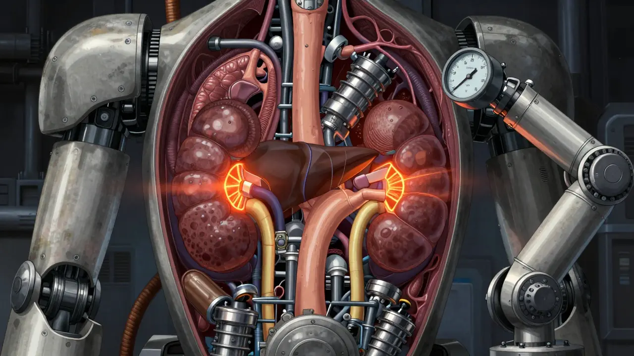 Human body systems shown as robot engines processing drugs internally.