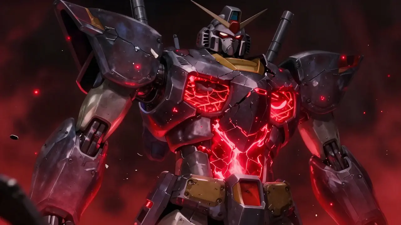 Mecha robot with cracked red glowing abdominal armor symbolizing IBD inflammation