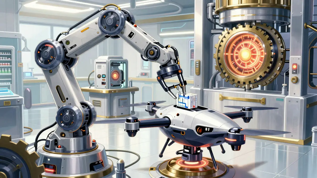 Mechanical arm in a high-tech pharmacy loading a medication package into a delivery drone