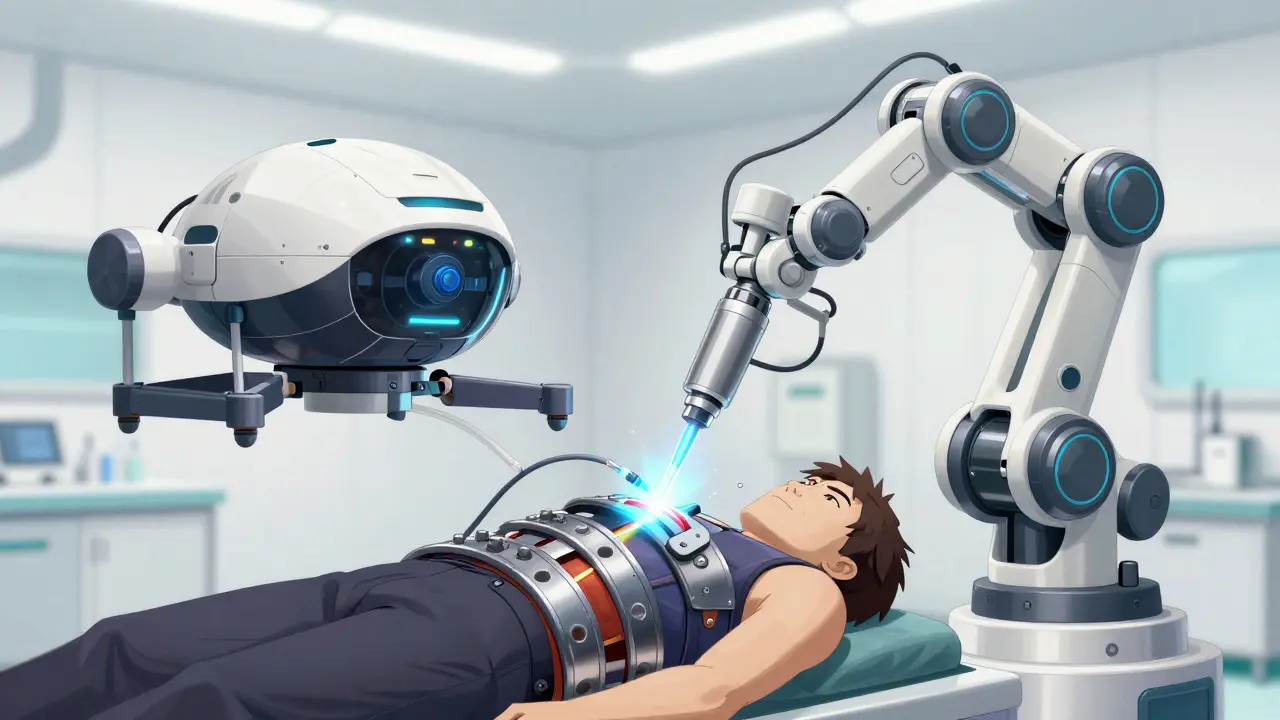 Medical drone performing a precision procedure on a futuristic robotic arm