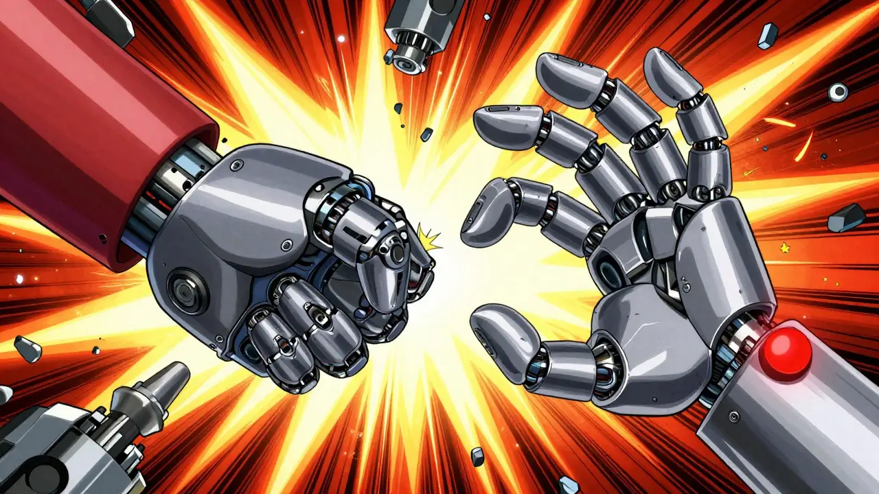 Robotic hand showing a claw-like deformity with red warning lights on the wrist