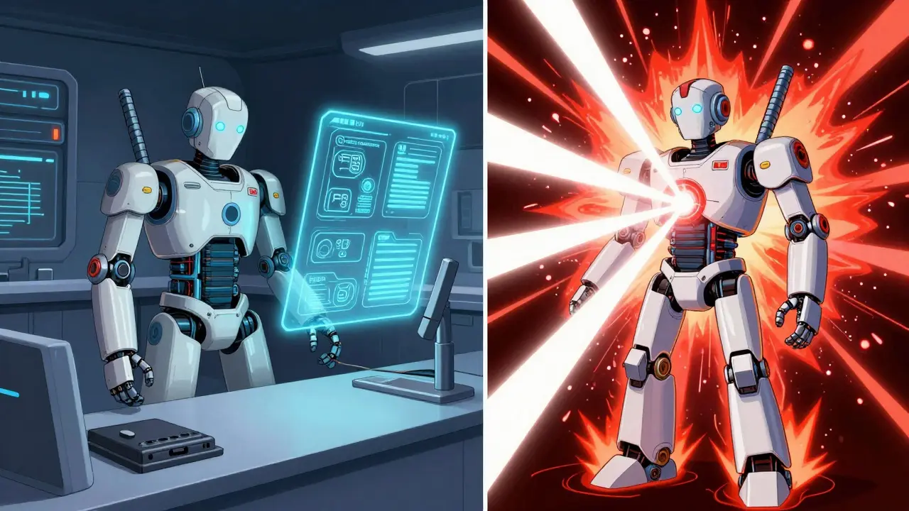 Split screen showing a robot being calibrated with blue light and rebooted with white energy