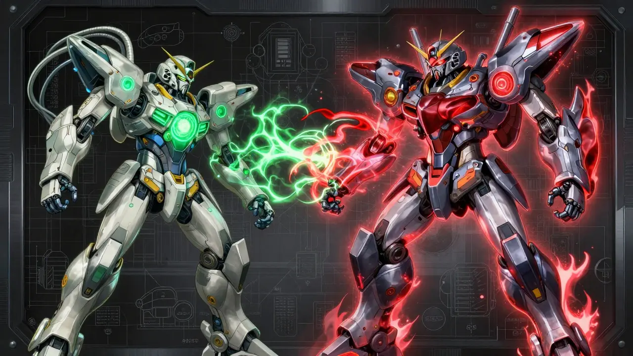 Two different robotic forms merging into one complex mecha with swirling energy cores.